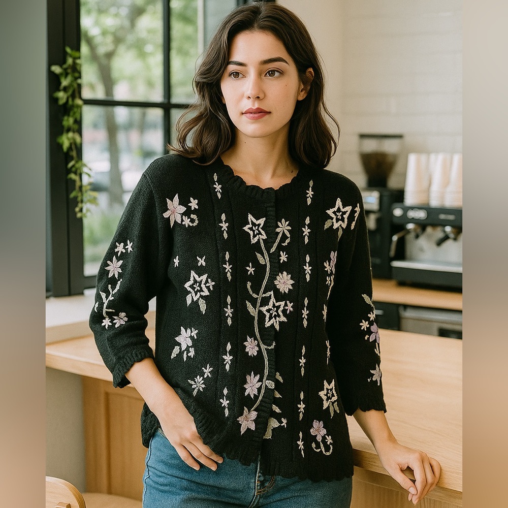 Black Vintage Embroidered Sweater Small
